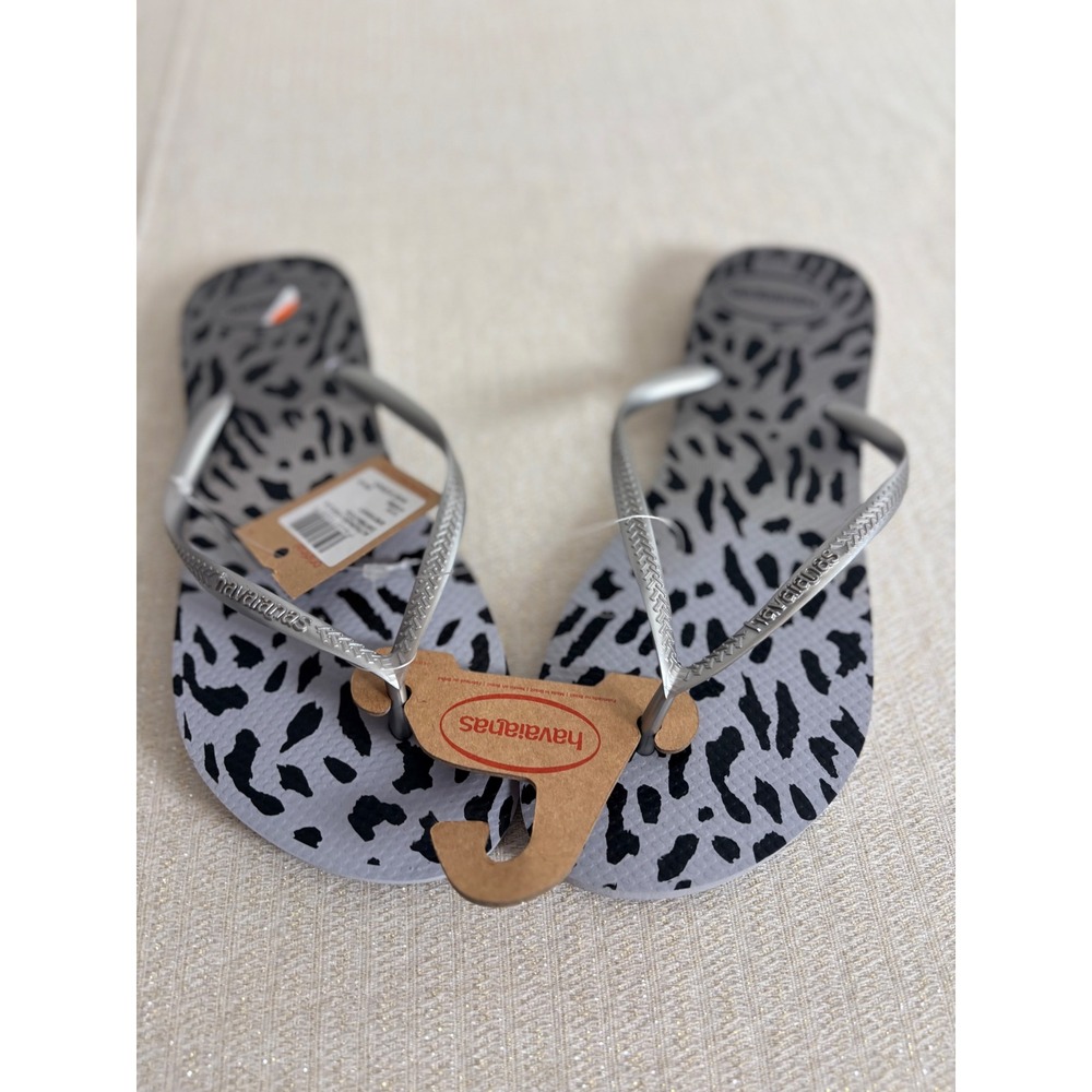 Havaianas Slim Flip Flops 11 / 12 Grey Black Leopard New Metallic Silver Straps